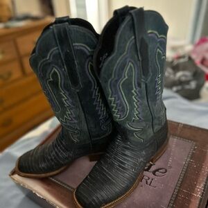 Lucchese Dark Leather Heeled Boots with Green Accents